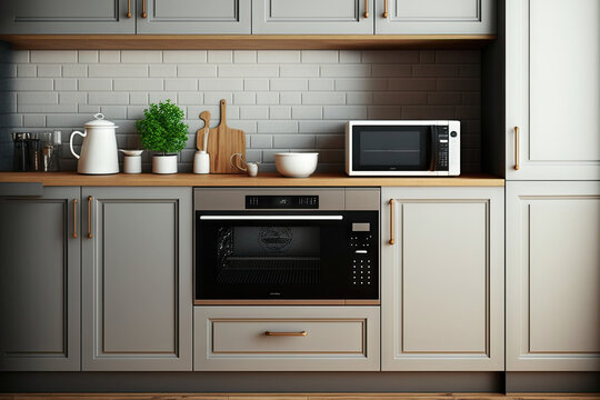 Mockup built in modern kitchen counter with microwave and oven sink and stove fire. kitchen pantry wooden floor for design and decoration. Generative AI