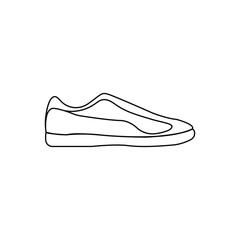 Sport shoe in continuous line art drawing style. Flat sole sneakers minimalist black linear sketch isolated on white background. Vector illustration