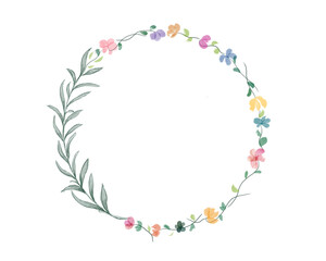 Floral wreath.Garland with buttercup flowers.Herbal circle frame. Watercolor hand drawn illustration.