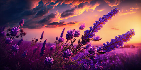 Blooming violet lavender field on sunset sky. Banner design. Post-processed generative AI.