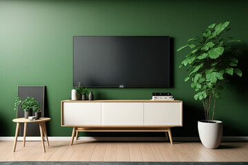 Mockup of a smart TV in a Japanese home room on a green wall. Generative AI