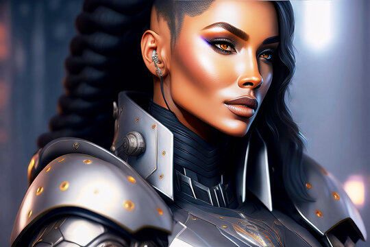 Dark-skinned, almond-eyed young woman with high cheekbones wears armor made of heavy iron plates,fictional person, made with generative AI
