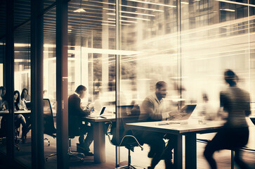 Business people at work in a rushing busy time, modern office space, motion blur, generative Ai