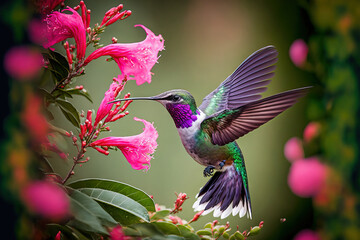 Pink blooming hummingbird in a wooded environment. Flying in a natural tropical wood habitat, red flower, green violet ear, Colibri thalassinus, Tapanti National Park, Costa Rica. Jungle wildlife scen - obrazy, fototapety, plakaty