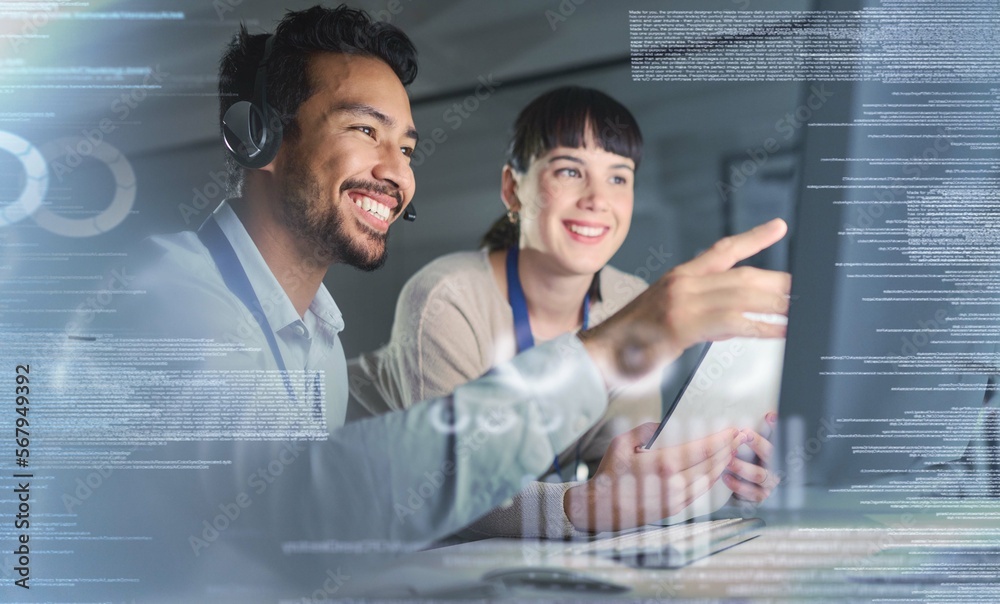 Aufkleber Call center, customer support overlay and team on computer for telemarketing, crm tech and networking. Communication hologram, contact us and man and woman working online, consulting and help client