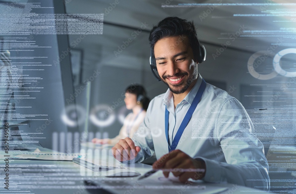 Poster call center, customer support overlay and man with smile for contact us, telemarketing and crm netwo