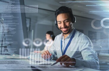 Call center, customer support overlay and man with smile for contact us, telemarketing and crm network. Communication, digital hologram and male working on computer, writing notes and consulting