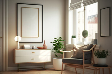Fototapeta na wymiar A poster frame display in a contemporary beige home interior with a Scandinavian design