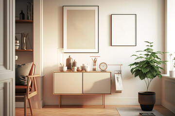 A poster frame display in a contemporary beige home interior with a Scandinavian design