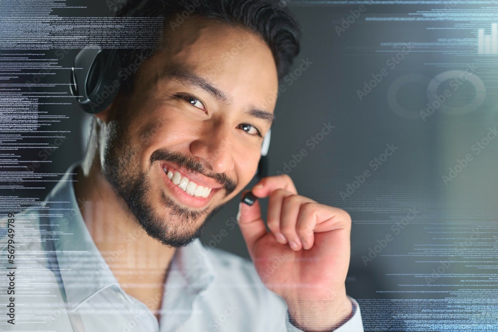 Poster Call center, overlay and portrait of man for customer support, telemarketing and crm networking. Communication hologram, contact us and face of consultant smile for help, friendly service and trust