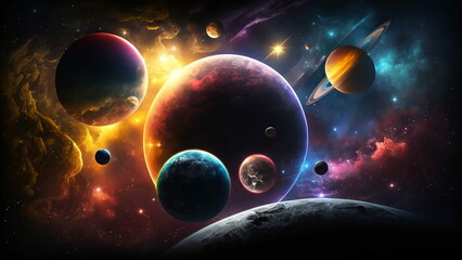 Obraz na płótnie Canvas Computer wallpaper fantasy galaxy colorful planets and stars. Bright vibrant colors. Beautiful.