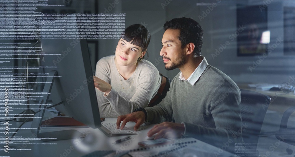 Poster business people, code with collaboration and information technology, computer for coding, partnershi