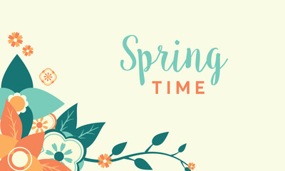 Spring Sale floral backdrop decorated with gorgeous multicolored blooming flowers and leaves border. Spring botanical flat vector illustration, Hello Spring Banner template