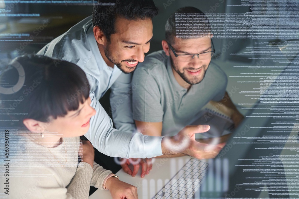 Fototapete Business people, coding team and information technology with computer screen, programming and software development. Code overlay, futuristic and collaboration, meeting with programmer group in office