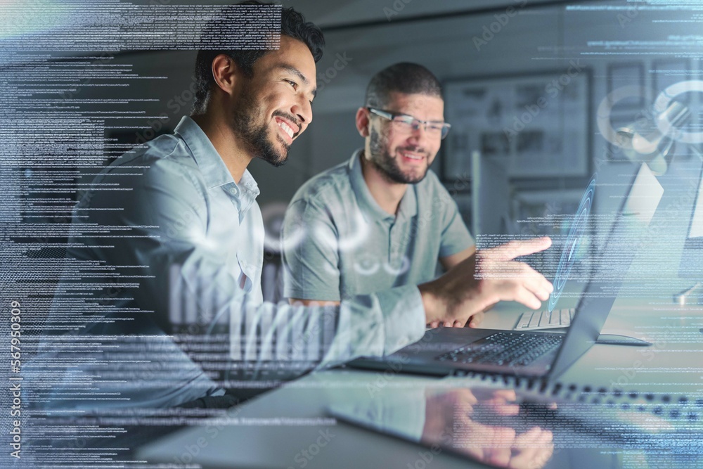 Poster Teamwork, laptop hologram and people with data analytics, cyber security research and cloud computing. Coding, programming and developer business men with software strategy, planning in night overlay