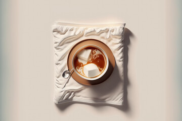 a milk and ice coffee cup on a white bed. iced coffee. Top view of a flatlay. Minimalism. sunrise in the morning. Generative AI