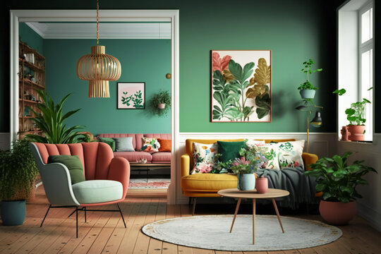 A visual representation of a wall in a serene colorfull interior, accented by wooden furnishings and the unique blend of Scandinavian and bohemian design