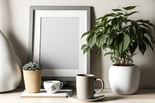 Blank laptop screen, house plant, watering bucket, and unidentifiable photo in frame on dresser. pastel beige interior design elements. Generative AI