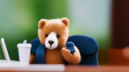 ミニチュア3D　ぬいぐるみ　オフィスで仕事をするクマのぬいぐるみのビジネスマン　イメージ　風刺 Miniature 3D stuffed toy bear stuffed businessman working in the office image satire - obrazy, fototapety, plakaty