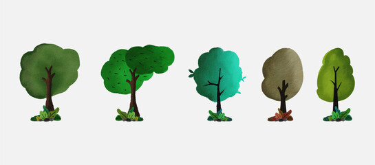 Set of Watercolor stylized trees. Natural vector illustration. Side view tree vector illustration