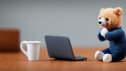 ミニチュア3D　ぬいぐるみ　オフィスで仕事をするクマのぬいぐるみのビジネスマン　イメージ　風刺 Miniature 3D stuffed toy bear stuffed businessman working in the office image satire