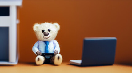 ミニチュア3D　ぬいぐるみ　オフィスで仕事をするクマのぬいぐるみのビジネスマン　イメージ　風刺 Miniature 3D stuffed toy bear stuffed businessman working in the office image satire