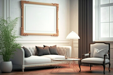 Showcase your artwork or designs in style with this frame mockup set against a modern classic living room interior background. Ideal for presentations