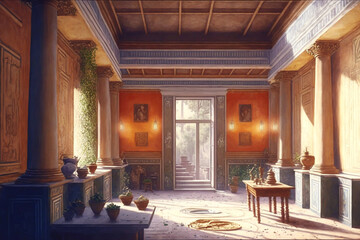 Roman Ancient Home interior with fresco paint on wall court garden hommy