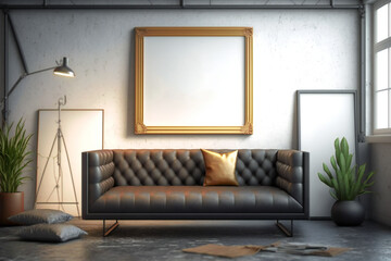 Showcase your art collection in a stylish setting with this frame gallery mockup in a minimalist industrial living room with a leather sofa. Ideal for presentations