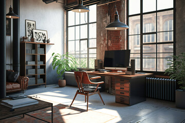 A modern office interior mockup in an industrial loft style. Ideal for showcasing office design concepts
