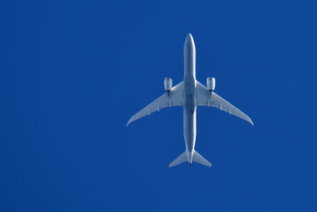 A passenger plane flying overhead.
