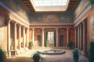Roman Ancient Home interior with fresco paint on wall court garden skylight - obrazy, fototapety, plakaty