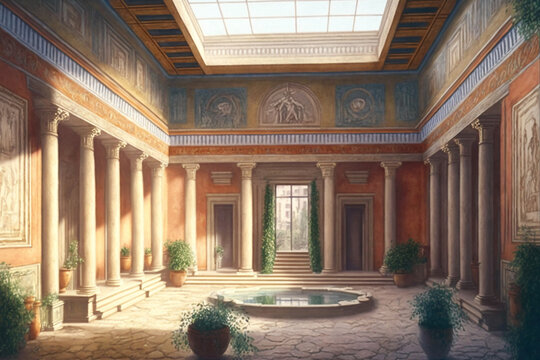 Roman Ancient Home interior with fresco paint on wall court garden skylight