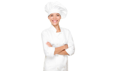 Chef, cook or baker woman. Happy proud portrait of female in chef uniform and chef hat isolated...