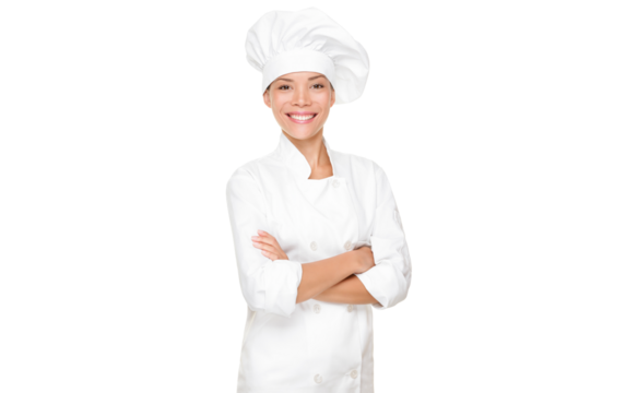 Chef, cook or baker woman. Happy proud portrait of female in chef uniform and chef hat isolated cutout PNG on transparent background. Asian Caucasian woman model.