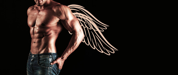 Photo banner of sexy man angel with wings for valentines day. Guy with a naked torso.