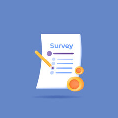 online surveys. get money from doing surveys on the internet. symbol of survey form paper, pencil, and coins. 3d concept design and realistic. graphic element