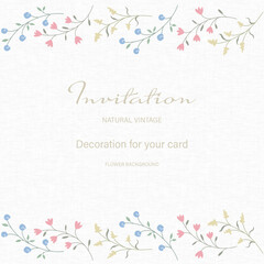Greeting card flowers frame template on fabric texture. Floral nature invitation card can be used for wedding, birthday, holiday, flyers, brochure, business and other decoration background. Vector EPS