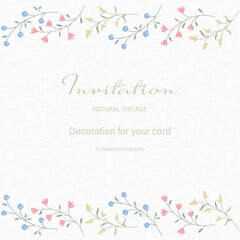 Obraz premium Greeting card flowers frame template on fabric texture. Floral nature invitation card can be used for wedding, birthday, holiday, flyers, brochure, business and other decoration background. Vector EPS