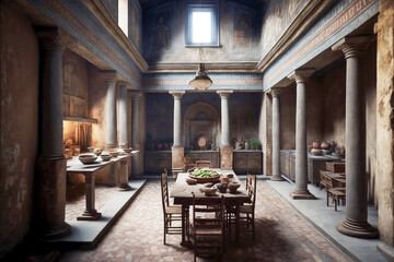 Fototapeta na wymiar Roman Ancient Home interior with fresco paint on wall kitchen