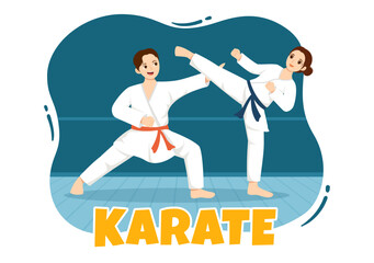 People Doing Some Basic Karate Martial Arts Moves, Fighting Pose and Wearing Kimono in Cartoon Hand Drawn for Landing Page Templates Illustration
