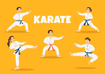 People Doing Some Basic Karate Martial Arts Moves, Fighting Pose and Wearing Kimono in Cartoon Hand Drawn for Landing Page Templates Illustration