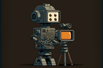 Fototapeta premium Robot cameraman, assistant with clapperboard behind the scene motion picture Robots. Black background, copy space. Generative AI
