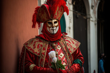 Fototapeta na wymiar Carnival in Venice, Italy, on February 19, 2020, with a court jester mask wearing red clothing. Generative AI