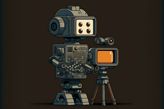 Robot cameraman, assistant with clapperboard behind the scene motion picture Robots. Black background, copy space. Generative AI