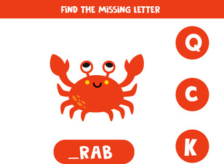 Find missing letter with cartoon crab. Spelling worksheet.
