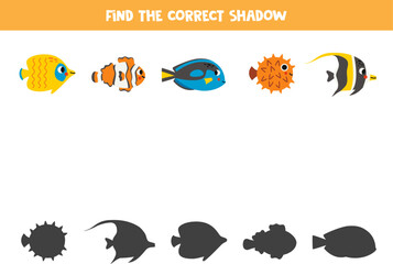 Find the correct shadows of cute sea fish. Logical puzzle for kids.