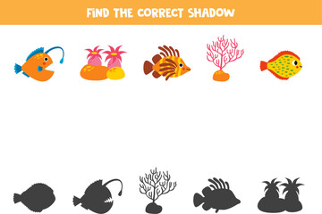 Find the correct shadows of cute sea animals. Logical puzzle for kids.