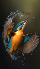 Fototapeta na wymiar Beautiful kingfisher nose-dive cinematic lighting