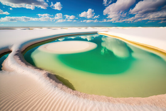 Natural rainwater pool on the white sand desert with turquoise and green lagoons of Lencois Maranhenses National Park in Maranhao, Brazil. ideal vacation location in a remote area. Generative AI